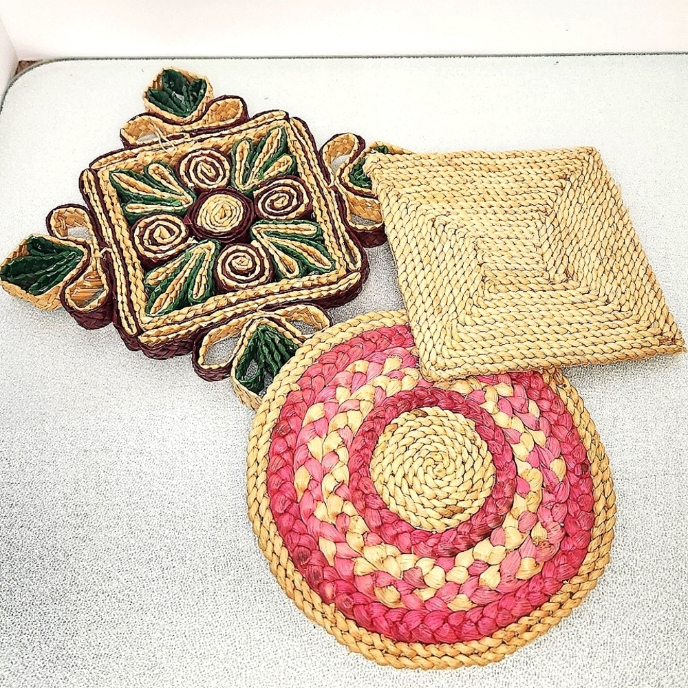 Lot 3 vintage woven straw boho heat‎ pad trivets